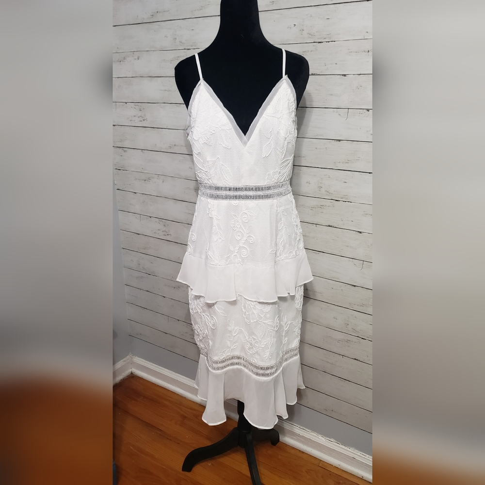 Adrian Mattox White Dress Sz6 Adjustable Thin Straps Ruffle Lace Wedding Cruise